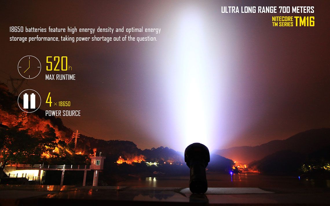 Światło S.O.S.: Tak | Maksymalny czas pracy (godz.): 520 | Zasięg wiązki światła (m): 700 | Waga bez baterii (g): 506 | Ładowarka w zestawie: Nie | Baterie w zestawie: Nie | Futerał: Tak | Wodoodporność: Do 2 m | Kolor: Czarny | Baterie (kompatybilne): 4 x akumulator 18650 3,7V | Światło stroboskopowe: tak | Źródło światła: 4 x CREE XM-L2 U2 | Moc światła (L): 4000 - LifeGun.pl Latarke Nitecore LED TinyMonster TM16 4000 lumenów-12
