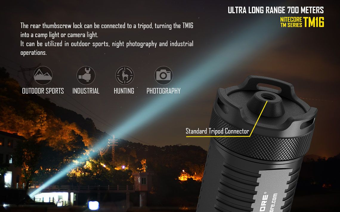 Światło S.O.S.: Tak | Maksymalny czas pracy (godz.): 520 | Zasięg wiązki światła (m): 700 | Waga bez baterii (g): 506 | Ładowarka w zestawie: Nie | Baterie w zestawie: Nie | Futerał: Tak | Wodoodporność: Do 2 m | Kolor: Czarny | Baterie (kompatybilne): 4 x akumulator 18650 3,7V | Światło stroboskopowe: tak | Źródło światła: 4 x CREE XM-L2 U2 | Moc światła (L): 4000 - LifeGun.pl Latarke Nitecore LED TinyMonster TM16 4000 lumenów-13