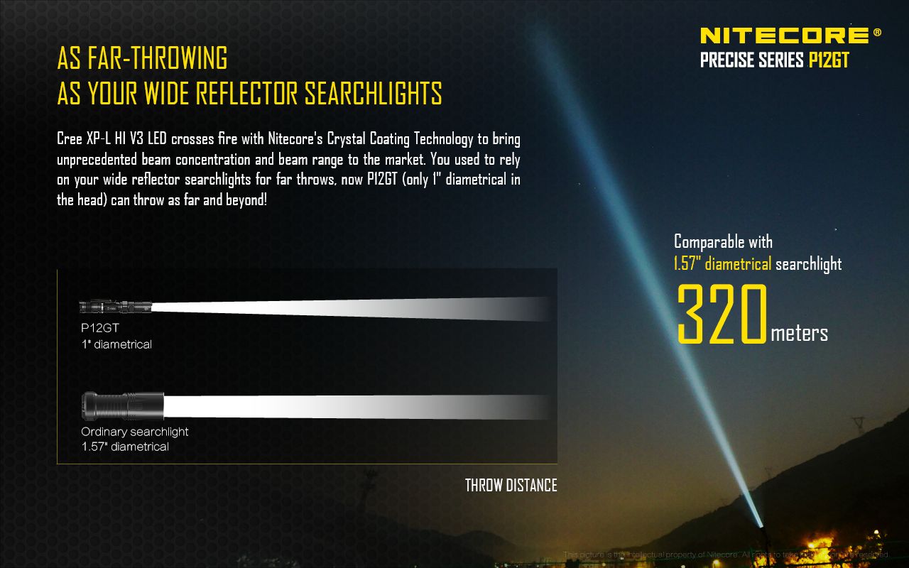 Światło S.O.S.: Tak | Maksymalny czas pracy (godz.): 520 | Zasięg wiązki światła (m): 320 | Waga bez baterii (g): 91 | Ładowarka w zestawie: Nie | Baterie w zestawie: Nie | Futerał: Tak | Wodoodporność: Tak | Kolor: Czarny | Baterie (kompatybilne): 1 x 18650 lub 2 x CR123 | Światło stroboskopowe: tak | Moc światła (L): 1000 - LifeGun.pl Latarka LED Nitecore P12GT 1000 lumenów-8