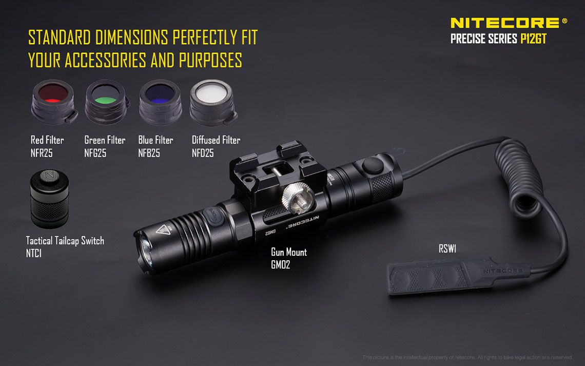 Światło S.O.S.: Tak | Maksymalny czas pracy (godz.): 520 | Zasięg wiązki światła (m): 320 | Waga bez baterii (g): 91 | Ładowarka w zestawie: Nie | Baterie w zestawie: Nie | Futerał: Tak | Wodoodporność: Tak | Kolor: Czarny | Baterie (kompatybilne): 1 x 18650 lub 2 x CR123 | Światło stroboskopowe: tak | Moc światła (L): 1000 - LifeGun.pl Latarka LED Nitecore P12GT 1000 lumenów-16