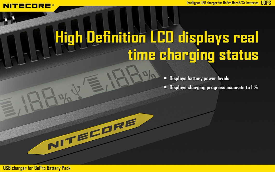 Ładowarka Nitecore do Baterii GoPro Hero3/3+ UGP3 Ładowarka USB marki Nitecore przeznaczona do akumulatorów do kamery Go Pro Hero3/3+. Wyposażona jest w inteligentny wyświetlacz LCD pokazujący stan naładowania akumulatora. Ładowarka zapewnia ochronę przed odwrotną polaryzacją, dzięki czemu nie ma ryzyka uszkodzenia urządzenia przez niewłaściwe włożenie akumulatorów. Ładowarka do GoPro wyposażona jest w - LifeGun.pl Ładowarka USB Nitecore do Baterii GoPro Hero3/3+ UGP3-7