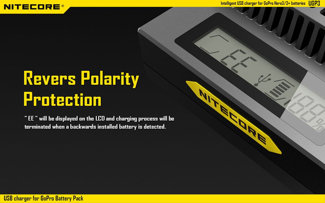 Ładowarka Nitecore do Baterii GoPro Hero3/3+ UGP3 Ładowarka USB marki Nitecore przeznaczona do akumulatorów do kamery Go Pro Hero3/3+. Wyposażona jest w inteligentny wyświetlacz LCD pokazujący stan naładowania akumulatora. Ładowarka zapewnia ochronę przed odwrotną polaryzacją, dzięki czemu nie ma ryzyka uszkodzenia urządzenia przez niewłaściwe włożenie akumulatorów. Ładowarka do GoPro wyposażona jest w - LifeGun.pl Ładowarka USB Nitecore do Baterii GoPro Hero3/3+ UGP3-8