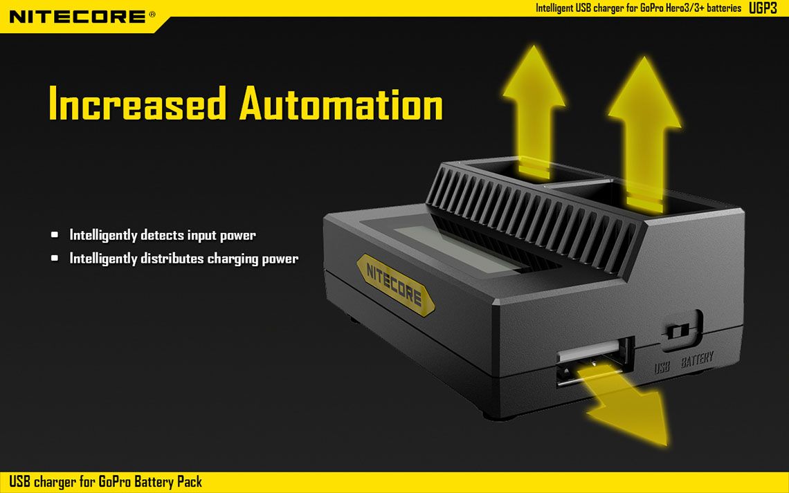 Ładowarka Nitecore do Baterii GoPro Hero3/3+ UGP3 Ładowarka USB marki Nitecore przeznaczona do akumulatorów do kamery Go Pro Hero3/3+. Wyposażona jest w inteligentny wyświetlacz LCD pokazujący stan naładowania akumulatora. Ładowarka zapewnia ochronę przed odwrotną polaryzacją, dzięki czemu nie ma ryzyka uszkodzenia urządzenia przez niewłaściwe włożenie akumulatorów. Ładowarka do GoPro wyposażona jest w - LifeGun.pl Ładowarka USB Nitecore do Baterii GoPro Hero3/3+ UGP3-9