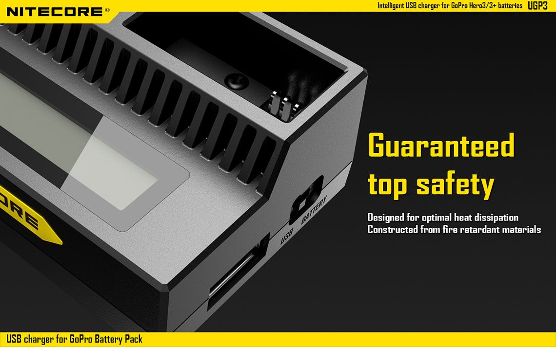 Ładowarka Nitecore do Baterii GoPro Hero3/3+ UGP3 Ładowarka USB marki Nitecore przeznaczona do akumulatorów do kamery Go Pro Hero3/3+. Wyposażona jest w inteligentny wyświetlacz LCD pokazujący stan naładowania akumulatora. Ładowarka zapewnia ochronę przed odwrotną polaryzacją, dzięki czemu nie ma ryzyka uszkodzenia urządzenia przez niewłaściwe włożenie akumulatorów. Ładowarka do GoPro wyposażona jest w - LifeGun.pl Ładowarka USB Nitecore do Baterii GoPro Hero3/3+ UGP3-14