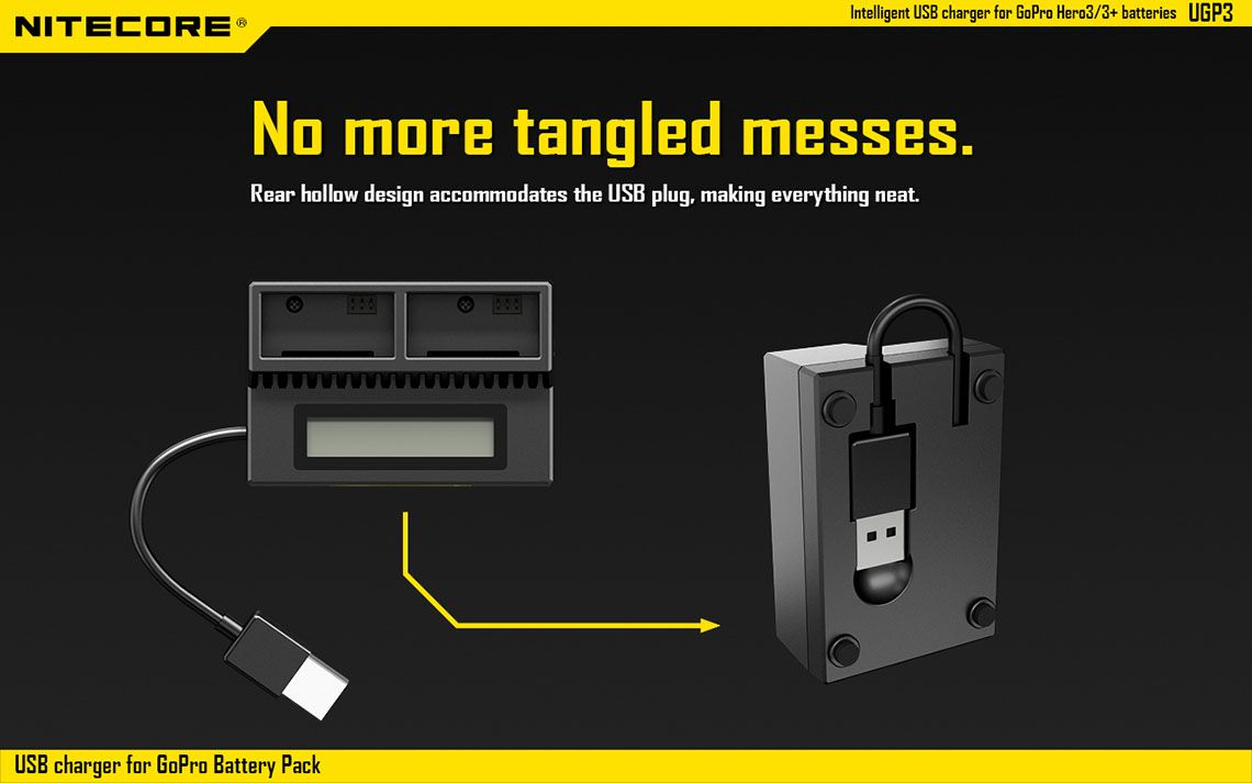 Ładowarka Nitecore do Baterii GoPro Hero3/3+ UGP3 Ładowarka USB marki Nitecore przeznaczona do akumulatorów do kamery Go Pro Hero3/3+. Wyposażona jest w inteligentny wyświetlacz LCD pokazujący stan naładowania akumulatora. Ładowarka zapewnia ochronę przed odwrotną polaryzacją, dzięki czemu nie ma ryzyka uszkodzenia urządzenia przez niewłaściwe włożenie akumulatorów. Ładowarka do GoPro wyposażona jest w - LifeGun.pl Ładowarka USB Nitecore do Baterii GoPro Hero3/3+ UGP3-15