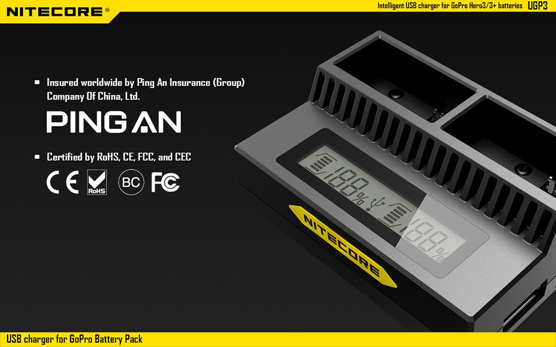 Ładowarka Nitecore do Baterii GoPro Hero3/3+ UGP3 Ładowarka USB marki Nitecore przeznaczona do akumulatorów do kamery Go Pro Hero3/3+. Wyposażona jest w inteligentny wyświetlacz LCD pokazujący stan naładowania akumulatora. Ładowarka zapewnia ochronę przed odwrotną polaryzacją, dzięki czemu nie ma ryzyka uszkodzenia urządzenia przez niewłaściwe włożenie akumulatorów. Ładowarka do GoPro wyposażona jest w - LifeGun.pl Ładowarka USB Nitecore do Baterii GoPro Hero3/3+ UGP3-16