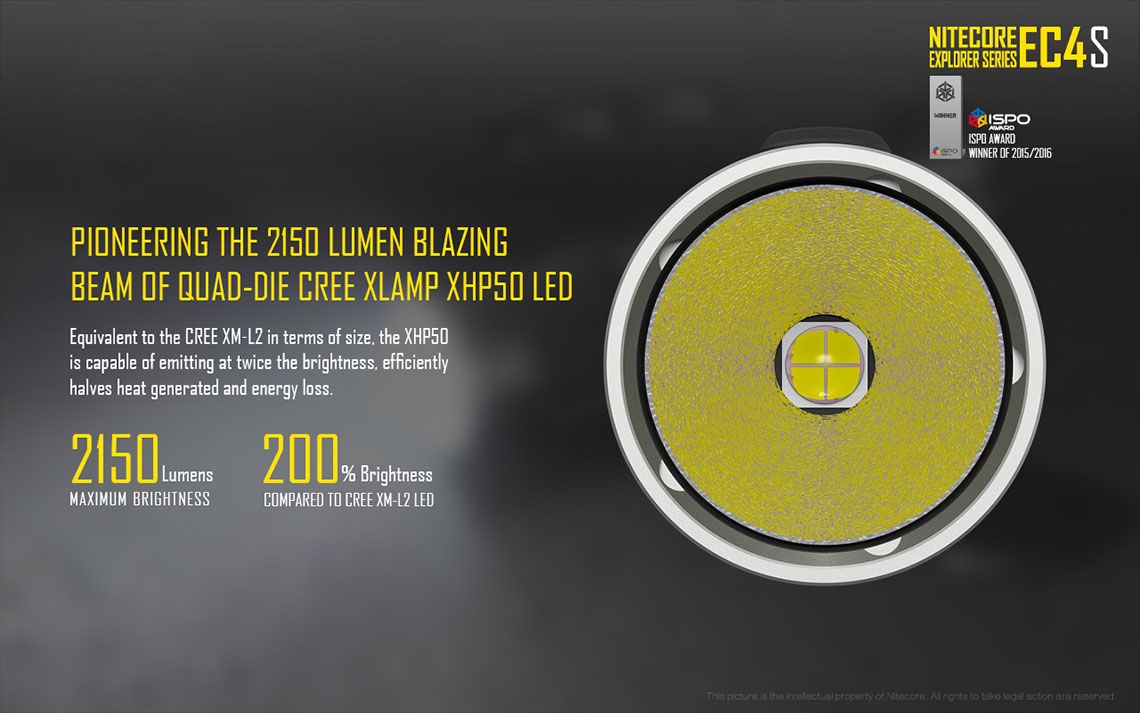 Światło S.O.S.: Tak | Maksymalny czas pracy (godz.): 325 | Zasięg wiązki światła (m): 280 | Waga bez baterii (g): 171 | Ładowarka w zestawie: Nie | Baterie w zestawie: Nie | Futerał: Tak | Wodoodporność: Tak | Kolor: Czarny | Baterie (kompatybilne): 2x 18650 lub 4x CR123 | Światło stroboskopowe: tak | Moc światła (L): 2150 | Średnica głowicy (mm): 40 | Źródło światła: Dioda LED Cree XHP50 - LifeGun.pl Latarka LED Nitecore EC4S 2150 Lumenów-7