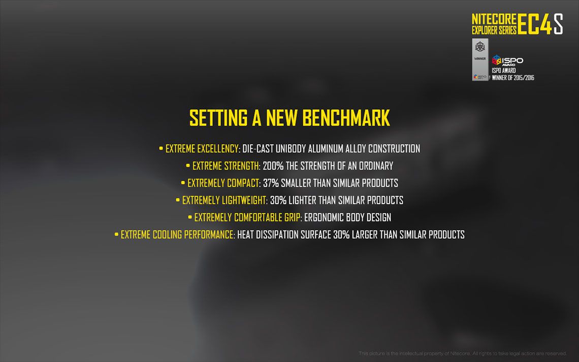 Światło S.O.S.: Tak | Maksymalny czas pracy (godz.): 325 | Zasięg wiązki światła (m): 280 | Waga bez baterii (g): 171 | Ładowarka w zestawie: Nie | Baterie w zestawie: Nie | Futerał: Tak | Wodoodporność: Tak | Kolor: Czarny | Baterie (kompatybilne): 2x 18650 lub 4x CR123 | Światło stroboskopowe: tak | Moc światła (L): 2150 | Średnica głowicy (mm): 40 | Źródło światła: Dioda LED Cree XHP50 - LifeGun.pl Latarka LED Nitecore EC4S 2150 Lumenów-8