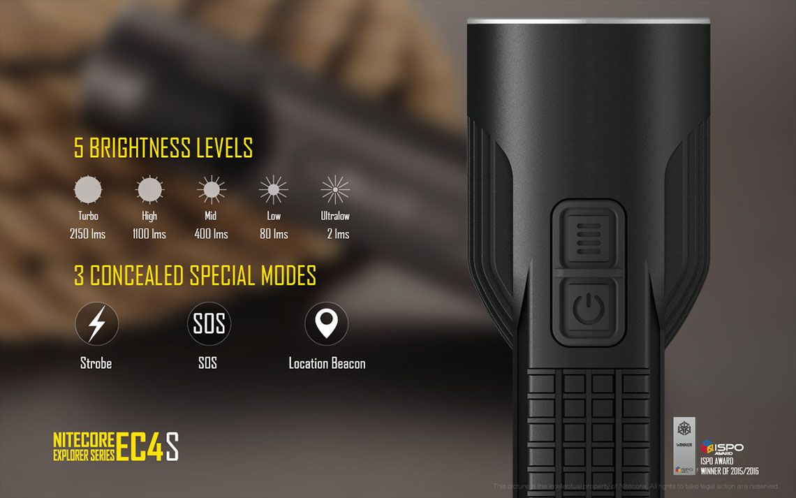 Światło S.O.S.: Tak | Maksymalny czas pracy (godz.): 325 | Zasięg wiązki światła (m): 280 | Waga bez baterii (g): 171 | Ładowarka w zestawie: Nie | Baterie w zestawie: Nie | Futerał: Tak | Wodoodporność: Tak | Kolor: Czarny | Baterie (kompatybilne): 2x 18650 lub 4x CR123 | Światło stroboskopowe: tak | Moc światła (L): 2150 | Średnica głowicy (mm): 40 | Źródło światła: Dioda LED Cree XHP50 - LifeGun.pl Latarka LED Nitecore EC4S 2150 Lumenów-20