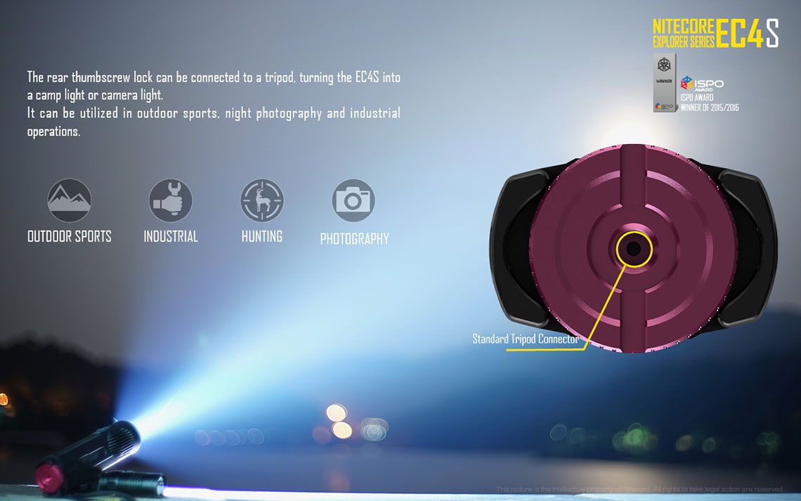 Światło S.O.S.: Tak | Maksymalny czas pracy (godz.): 325 | Zasięg wiązki światła (m): 280 | Waga bez baterii (g): 171 | Ładowarka w zestawie: Nie | Baterie w zestawie: Nie | Futerał: Tak | Wodoodporność: Tak | Kolor: Czarny | Baterie (kompatybilne): 2x 18650 lub 4x CR123 | Światło stroboskopowe: tak | Moc światła (L): 2150 | Średnica głowicy (mm): 40 | Źródło światła: Dioda LED Cree XHP50 - LifeGun.pl Latarka LED Nitecore EC4S 2150 Lumenów-26