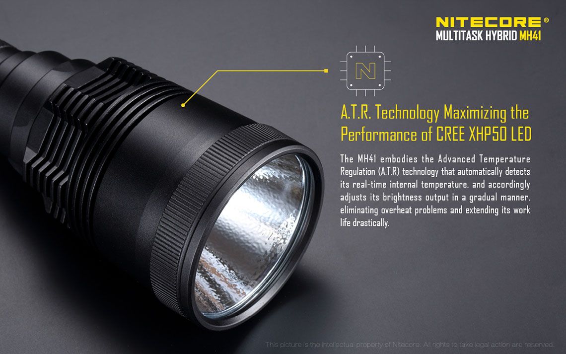 Światło S.O.S.: Tak | Maksymalny czas pracy (godz.): 850 | Zasięg wiązki światła (m): 495 | Waga bez baterii (g): 321 | Ładowarka w zestawie: Tak | Baterie w zestawie: Nie | Futerał: Tak | Wodoodporność: Tak | Baterie (kompatybilne): 2x 18650 lub 4x CR123 | Światło stroboskopowe: tak | Moc światła (L): 2150 | Średnica głowicy (mm): 60 | Źródło światła: Dioda LED Cree XHP50 - LifeGun.pl Latarka LED Nitecore MH41 2150 Lumenów-8