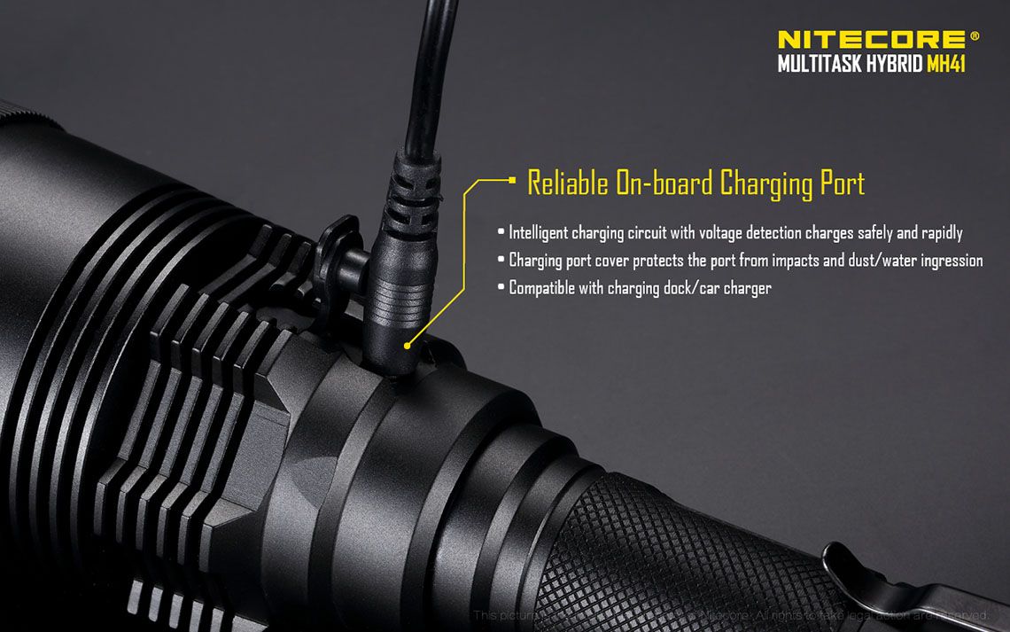 Światło S.O.S.: Tak | Maksymalny czas pracy (godz.): 850 | Zasięg wiązki światła (m): 495 | Waga bez baterii (g): 321 | Ładowarka w zestawie: Tak | Baterie w zestawie: Nie | Futerał: Tak | Wodoodporność: Tak | Baterie (kompatybilne): 2x 18650 lub 4x CR123 | Światło stroboskopowe: tak | Moc światła (L): 2150 | Średnica głowicy (mm): 60 | Źródło światła: Dioda LED Cree XHP50 - LifeGun.pl Latarka LED Nitecore MH41 2150 Lumenów-9