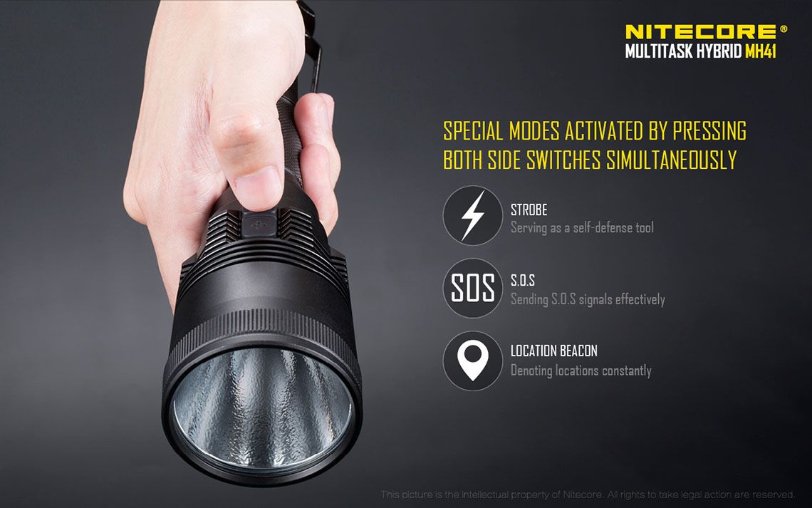 Światło S.O.S.: Tak | Maksymalny czas pracy (godz.): 850 | Zasięg wiązki światła (m): 495 | Waga bez baterii (g): 321 | Ładowarka w zestawie: Tak | Baterie w zestawie: Nie | Futerał: Tak | Wodoodporność: Tak | Baterie (kompatybilne): 2x 18650 lub 4x CR123 | Światło stroboskopowe: tak | Moc światła (L): 2150 | Średnica głowicy (mm): 60 | Źródło światła: Dioda LED Cree XHP50 - LifeGun.pl Latarka LED Nitecore MH41 2150 Lumenów-12