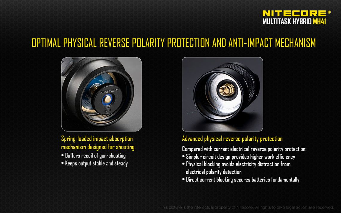 Światło S.O.S.: Tak | Maksymalny czas pracy (godz.): 850 | Zasięg wiązki światła (m): 495 | Waga bez baterii (g): 321 | Ładowarka w zestawie: Tak | Baterie w zestawie: Nie | Futerał: Tak | Wodoodporność: Tak | Baterie (kompatybilne): 2x 18650 lub 4x CR123 | Światło stroboskopowe: tak | Moc światła (L): 2150 | Średnica głowicy (mm): 60 | Źródło światła: Dioda LED Cree XHP50 - LifeGun.pl Latarka LED Nitecore MH41 2150 Lumenów-15