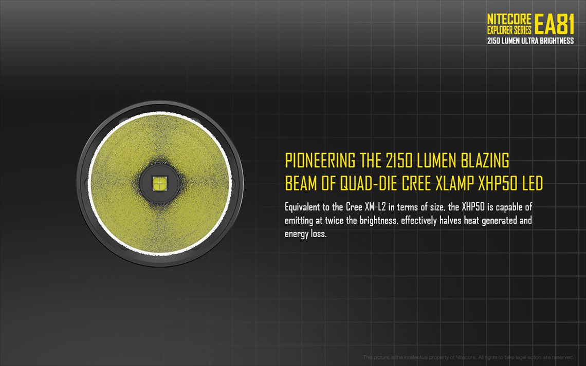 Światło S.O.S.: Tak | Maksymalny czas pracy (godz.): 810 | Zasięg wiązki światła (m): 462 | Waga bez baterii (g): 282 | Ładowarka w zestawie: Nie | Baterie w zestawie: Nie | Futerał: Tak | Wodoodporność: Tak | Kolor: Czarny | Baterie (kompatybilne): 8x AA | Światło stroboskopowe: tak | Moc światła (L): 2150 | Średnica głowicy (mm): 60 | Źródło światła: Dioda LED Cree XHP50 - LifeGun.pl Latarka LED Nitecore EA81 2150 Lumenów-6