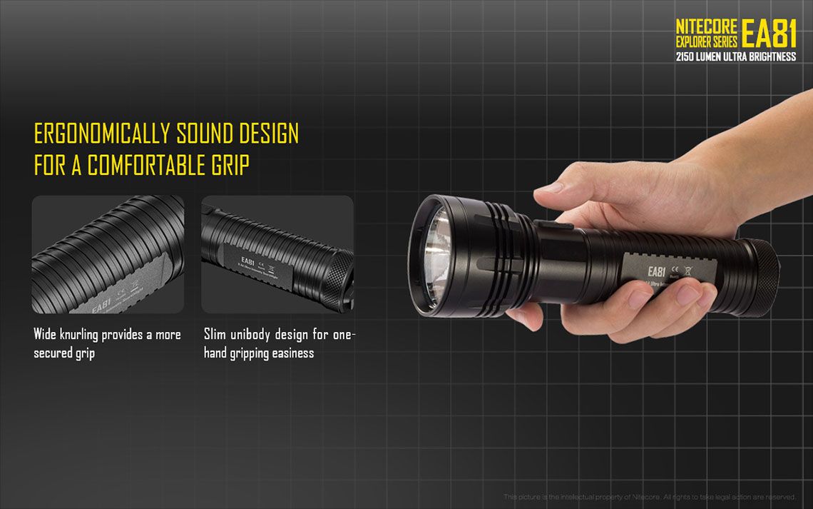 Światło S.O.S.: Tak | Maksymalny czas pracy (godz.): 810 | Zasięg wiązki światła (m): 462 | Waga bez baterii (g): 282 | Ładowarka w zestawie: Nie | Baterie w zestawie: Nie | Futerał: Tak | Wodoodporność: Tak | Kolor: Czarny | Baterie (kompatybilne): 8x AA | Światło stroboskopowe: tak | Moc światła (L): 2150 | Średnica głowicy (mm): 60 | Źródło światła: Dioda LED Cree XHP50 - LifeGun.pl Latarka LED Nitecore EA81 2150 Lumenów-13