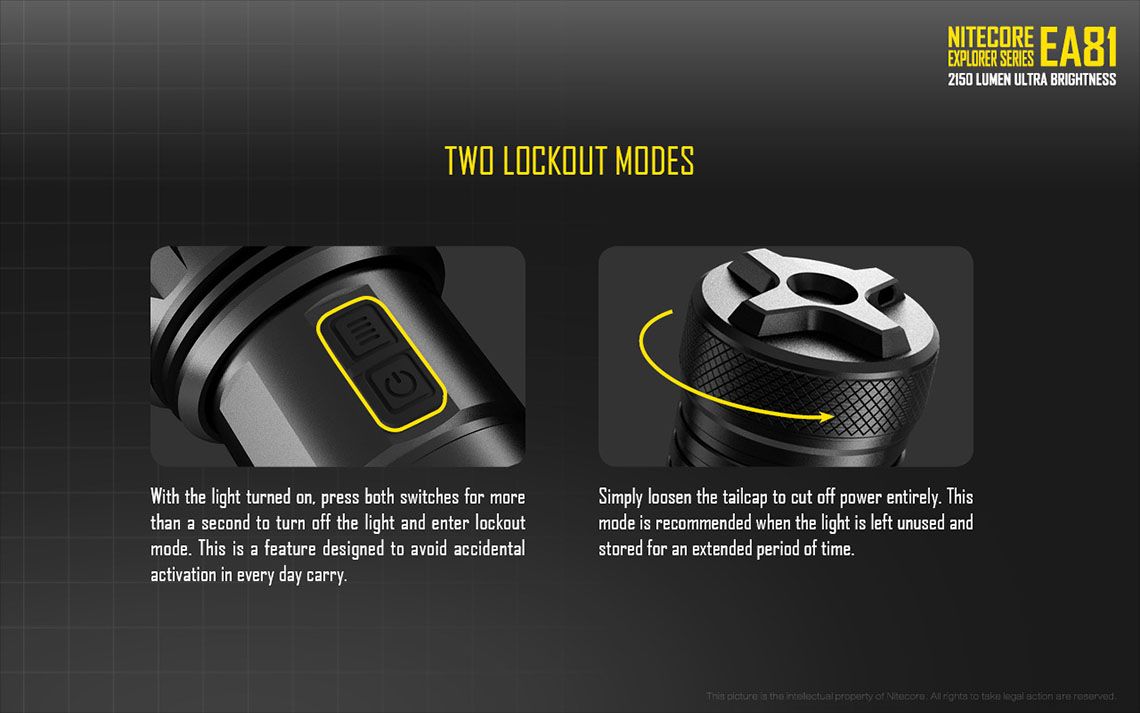Światło S.O.S.: Tak | Maksymalny czas pracy (godz.): 810 | Zasięg wiązki światła (m): 462 | Waga bez baterii (g): 282 | Ładowarka w zestawie: Nie | Baterie w zestawie: Nie | Futerał: Tak | Wodoodporność: Tak | Kolor: Czarny | Baterie (kompatybilne): 8x AA | Światło stroboskopowe: tak | Moc światła (L): 2150 | Średnica głowicy (mm): 60 | Źródło światła: Dioda LED Cree XHP50 - LifeGun.pl Latarka LED Nitecore EA81 2150 Lumenów-15