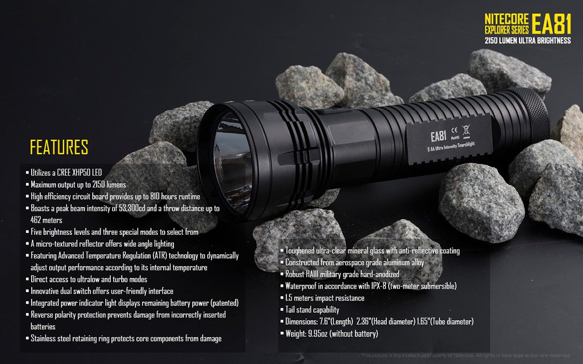 Światło S.O.S.: Tak | Maksymalny czas pracy (godz.): 810 | Zasięg wiązki światła (m): 462 | Waga bez baterii (g): 282 | Ładowarka w zestawie: Nie | Baterie w zestawie: Nie | Futerał: Tak | Wodoodporność: Tak | Kolor: Czarny | Baterie (kompatybilne): 8x AA | Światło stroboskopowe: tak | Moc światła (L): 2150 | Średnica głowicy (mm): 60 | Źródło światła: Dioda LED Cree XHP50 - LifeGun.pl Latarka LED Nitecore EA81 2150 Lumenów-19