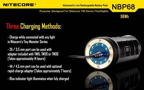 Akumulator Nitecore NBP68 Zastępuje 8 baterii 18650 i daje dwa razy dłuższy czas działania niż 8 baterii CR123. Przeznaczone do latarek Nitecore z serii TM. Pojemność: 98Wh Napięcie: 3,7V Waga: 565 g Długość: 157 mm Średnica: 50 mm Nie narażaj akumulatora na działanie wody lub ognia. Aby wydłużyć działanie akumulatora - LifeGun.pl Akumulator Nitecore NBP68-3