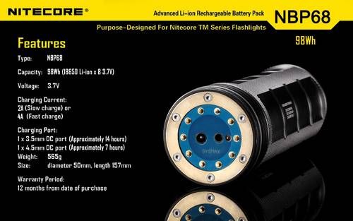 Akumulator Nitecore NBP68 Zastępuje 8 baterii 18650 i daje dwa razy dłuższy czas działania niż 8 baterii CR123. Przeznaczone do latarek Nitecore z serii TM. Pojemność: 98Wh Napięcie: 3,7V Waga: 565 g Długość: 157 mm Średnica: 50 mm Nie narażaj akumulatora na działanie wody lub ognia. Aby wydłużyć działanie akumulatora - LifeGun.pl Akumulator Nitecore NBP68-6