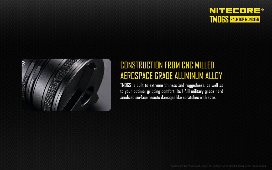 Światło S.O.S.: Tak | Maksymalny czas pracy (godz.): 560 | Zasięg wiązki światła (m): 359 | Waga bez baterii (g): 266 | Ładowarka w zestawie: Nie | Baterie w zestawie: Nie | Futerał: Tak | Wodoodporność: Tak | Kolor: Czarny | Baterie (kompatybilne): 4 x 18650 | Światło stroboskopowe: tak | Moc światła (L): 4000 | Średnica głowicy (mm): 50 - LifeGun.pl Latarka LED Nitecore TM06S 4000 Lumenów-13