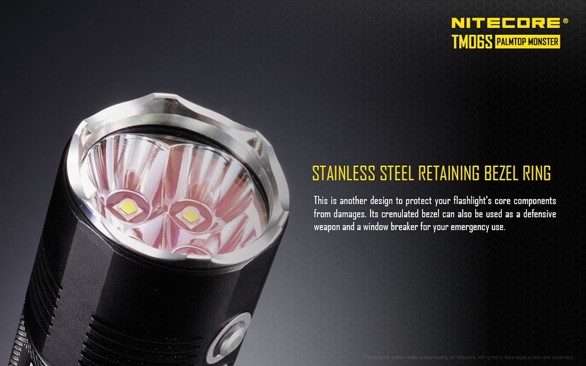 Światło S.O.S.: Tak | Maksymalny czas pracy (godz.): 560 | Zasięg wiązki światła (m): 359 | Waga bez baterii (g): 266 | Ładowarka w zestawie: Nie | Baterie w zestawie: Nie | Futerał: Tak | Wodoodporność: Tak | Kolor: Czarny | Baterie (kompatybilne): 4 x 18650 | Światło stroboskopowe: tak | Moc światła (L): 4000 | Średnica głowicy (mm): 50 - LifeGun.pl Latarka LED Nitecore TM06S 4000 Lumenów-15