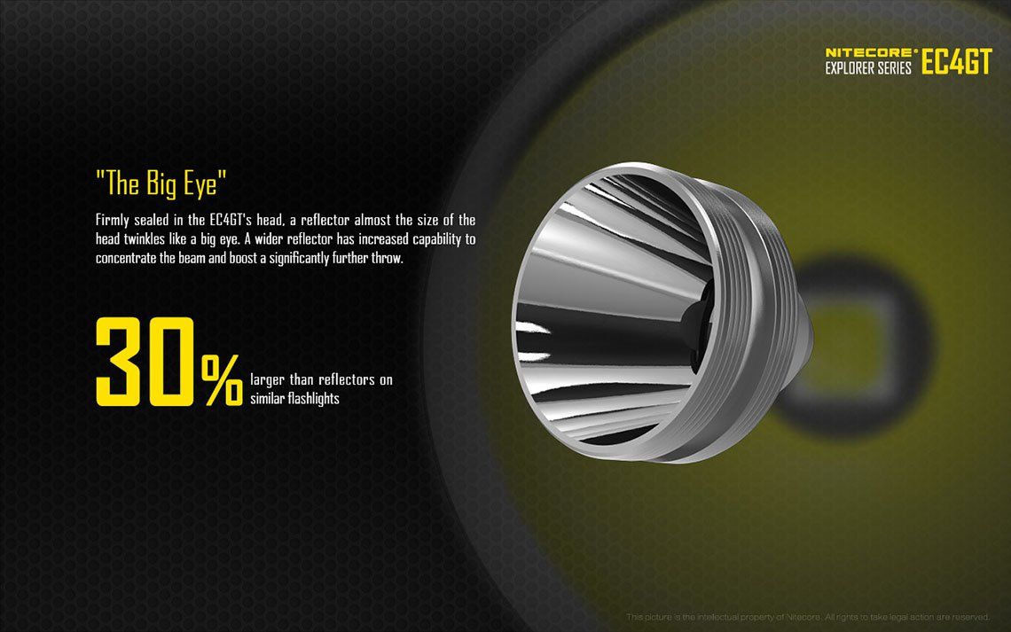 Światło S.O.S.: Tak | Maksymalny czas pracy (godz.): 380 | Zasięg wiązki światła (m): 475 | Ładowarka w zestawie: Nie | Baterie w zestawie: Nie | Futerał: Tak | Wodoodporność: Tak | Baterie (kompatybilne): 2x 18650 lub 4x CR123 | Długość całkowita (mm): 155 | Średnica głowicy (mm): 40 | Źródło światła: Dioda LED CREE XP-L HI V3 | Światło stroboskopowe: tak | Moc światła (L): 1000 | Waga (g): 170 - LifeGun.pl Latarka Nitecore EC4GT 1000 lumenów-6