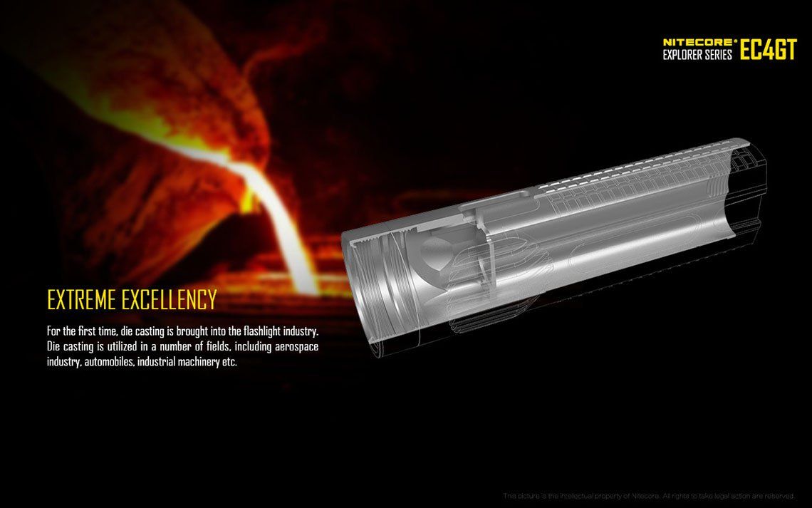 Światło S.O.S.: Tak | Maksymalny czas pracy (godz.): 380 | Zasięg wiązki światła (m): 475 | Ładowarka w zestawie: Nie | Baterie w zestawie: Nie | Futerał: Tak | Wodoodporność: Tak | Baterie (kompatybilne): 2x 18650 lub 4x CR123 | Długość całkowita (mm): 155 | Średnica głowicy (mm): 40 | Źródło światła: Dioda LED CREE XP-L HI V3 | Światło stroboskopowe: tak | Moc światła (L): 1000 | Waga (g): 170 - LifeGun.pl Latarka Nitecore EC4GT 1000 lumenów-8