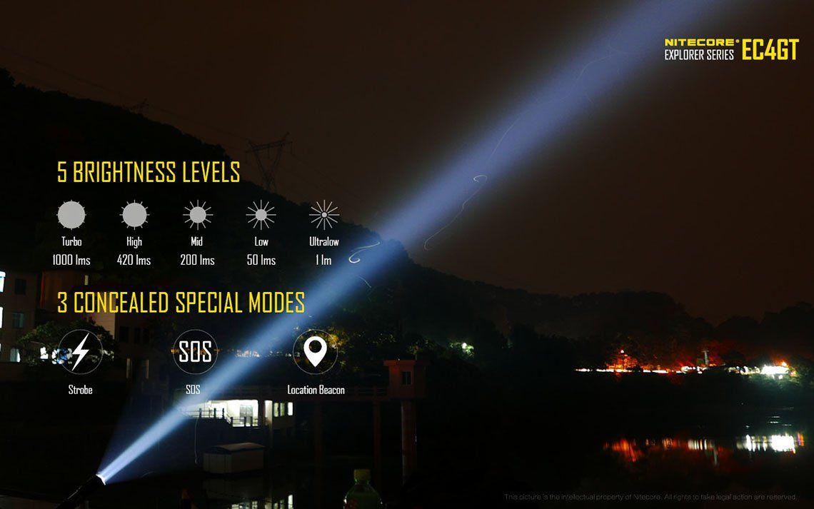 Światło S.O.S.: Tak | Maksymalny czas pracy (godz.): 380 | Zasięg wiązki światła (m): 475 | Ładowarka w zestawie: Nie | Baterie w zestawie: Nie | Futerał: Tak | Wodoodporność: Tak | Baterie (kompatybilne): 2x 18650 lub 4x CR123 | Długość całkowita (mm): 155 | Średnica głowicy (mm): 40 | Źródło światła: Dioda LED CREE XP-L HI V3 | Światło stroboskopowe: tak | Moc światła (L): 1000 | Waga (g): 170 - LifeGun.pl Latarka Nitecore EC4GT 1000 lumenów-18