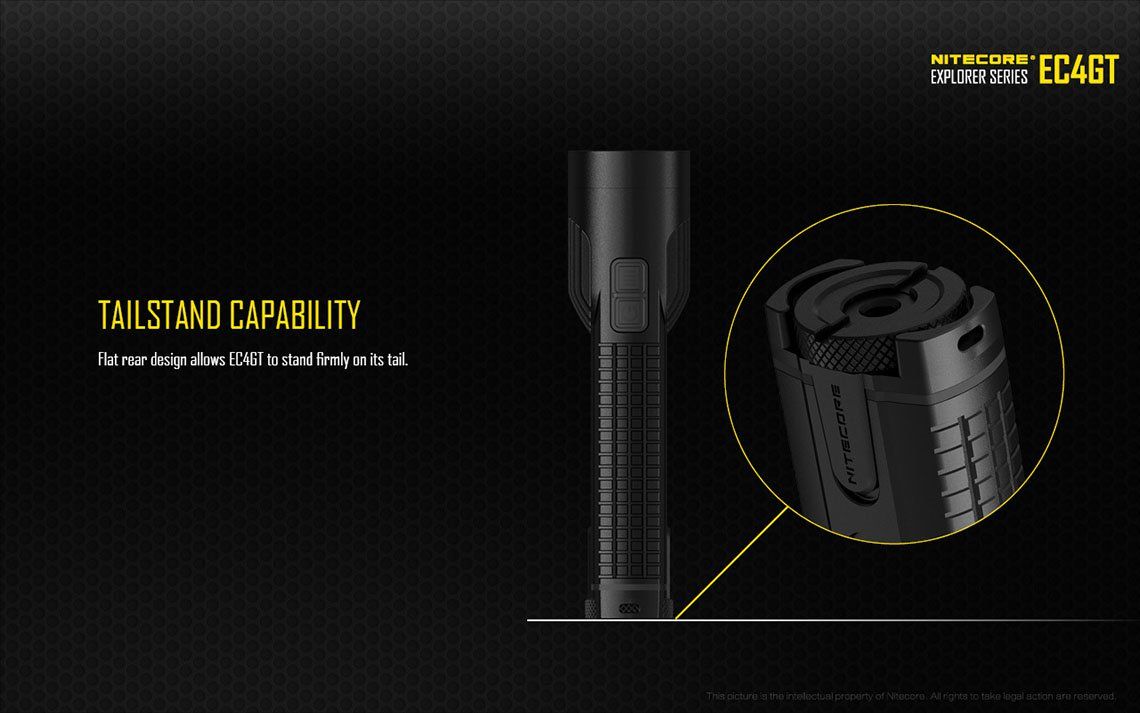 Światło S.O.S.: Tak | Maksymalny czas pracy (godz.): 380 | Zasięg wiązki światła (m): 475 | Ładowarka w zestawie: Nie | Baterie w zestawie: Nie | Futerał: Tak | Wodoodporność: Tak | Baterie (kompatybilne): 2x 18650 lub 4x CR123 | Długość całkowita (mm): 155 | Średnica głowicy (mm): 40 | Źródło światła: Dioda LED CREE XP-L HI V3 | Światło stroboskopowe: tak | Moc światła (L): 1000 | Waga (g): 170 - LifeGun.pl Latarka Nitecore EC4GT 1000 lumenów-23