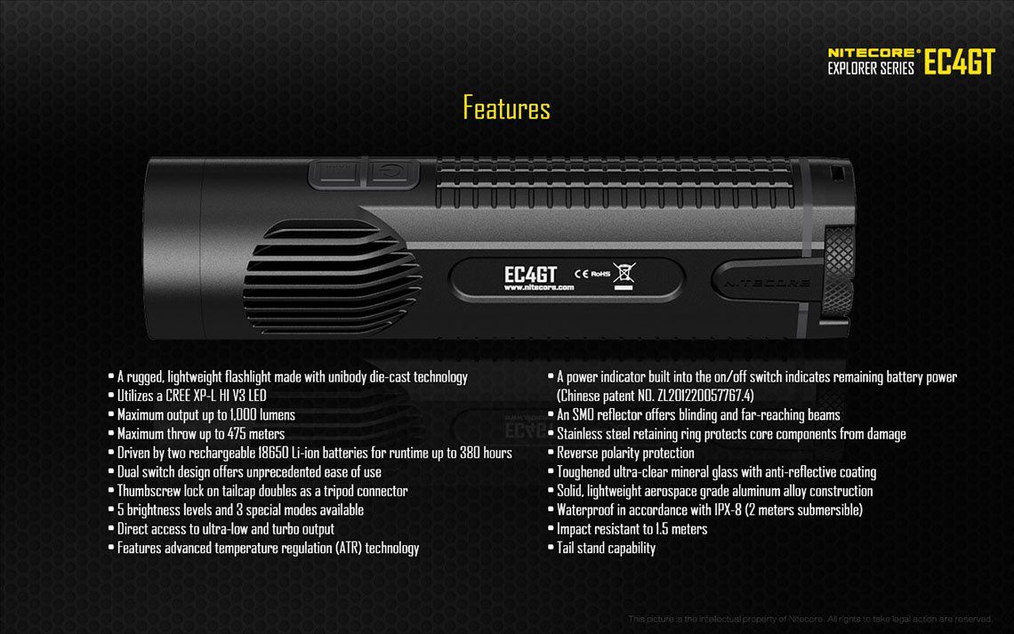Światło S.O.S.: Tak | Maksymalny czas pracy (godz.): 380 | Zasięg wiązki światła (m): 475 | Ładowarka w zestawie: Nie | Baterie w zestawie: Nie | Futerał: Tak | Wodoodporność: Tak | Baterie (kompatybilne): 2x 18650 lub 4x CR123 | Długość całkowita (mm): 155 | Średnica głowicy (mm): 40 | Źródło światła: Dioda LED CREE XP-L HI V3 | Światło stroboskopowe: tak | Moc światła (L): 1000 | Waga (g): 170 - LifeGun.pl Latarka Nitecore EC4GT 1000 lumenów-27