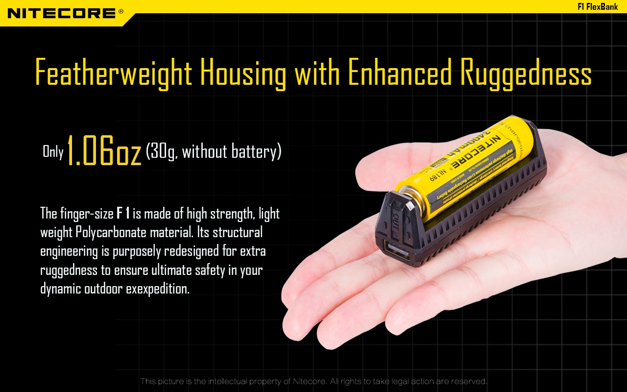 Power Bank Nitecore F1 Funkcjonalny powerbank marki Nitecore doda energii Twoim urządzeniom, gdy będziesz przeżywał przygody w terenie. Powerbank wyposażony jest w jeden slot na różne rodzaje akumulatorów. W zestawie znajduje się krótki kabel USB w kolorze żółtym (łatwiej go znaleźć) oraz gumka służąca do przytrzymywania akumulatora, by ten nie wypadł. Sam powerbank wykonany jest - LifeGun.pl Power Bank Nitecore F1-7
