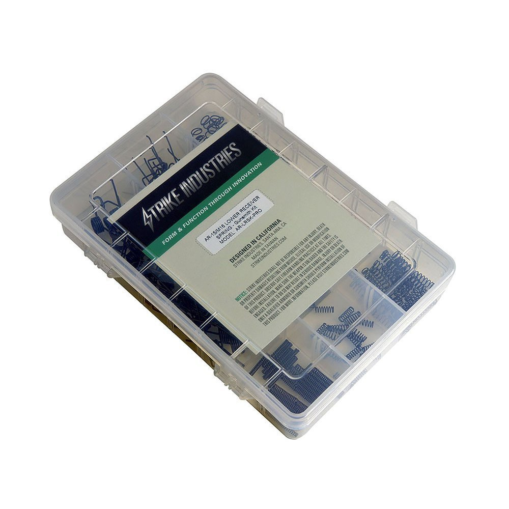 Sprężyny komory spustowej karabinka AR-15. Wersja Gunsmith Pro Kit. W pudełku znajdują się sprężyny: - Zwalniacza zamka - 20 szt. - Blokady bufora - 20 szt. - Spustu - 20 szt. - Kurka - 20 szt. - Przerywacza - 20 szt. - Zwalniacza magazynka - 20 szt. - Selektora ognia - 20 szt. - Pinów - LifeGun.pl Strike Industries - Zestaw sprężyn komory spustowej Pro Kit - AR-LRSK-1