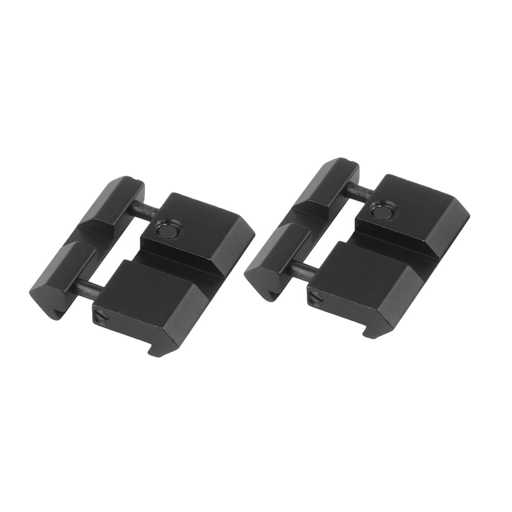 Adaptery na płaską szynę trapezowatą Dovetail o szerokości 11 mm, umożliwiające montowanie na niej akcesoriów w systemie Weaver / Picatinny 21 mm. Wykonane z aluminium anodowanego na czarno. Posiadają blokowany na wkręcane piny mechanizm mocujący ze sprężynami, przez co dopasowują się do kształtu szyny. Przeznaczone do stosowania na wyposażonych w szynę Dovetail 11 mm wiatrówkach - LifeGun.pl Vector Optics - Adapter Dovetail na Weaver - 2 szt. - SCRA-06B-1