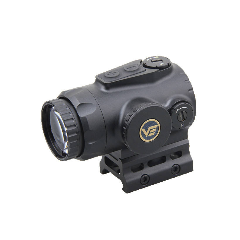 Pryzmatyczny celownik z montażem na szynę Picatinny. Siatka celownicza VEP-CDR dedykowana do amunicji 5,56 mm z kropką celowniczą 2 MOA, podświetlaną na czerwono. 10 poziomów podświetlenia znaku. Montaż na szynę posiada dodatkową podkładkę podwyższającą. Aluminiowy korpus jest odporny na uderzenia i posiada klasę szczelności IP67. Tubus wypełniony jest azotem, co zapobiega wewnętrznemu parowaniu. Źródłem zasilania - LifeGun.pl Vector Optics - Celownik pryzmatyczny Paragon 1x16 Micro - SCPS-M01-1