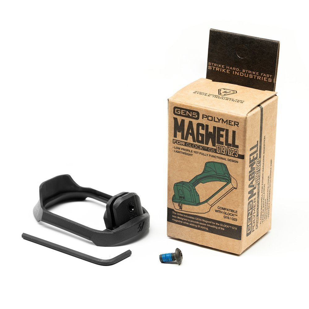 Lejek do Glock 19/23 Gen 5 od Strike Industries to praktyczne rozwiązanie, kompatybilne z niestandardowymi stopkami magazynka, poprawiające komfort używania. - LifeGun.pl Strike Industries Lejek GEN5 Magwell do pistoletów Glock 19 23 Gen5 SI G5 MAGWELL 19 1