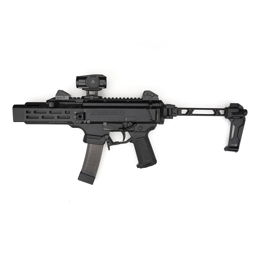 Ta innowacyjna kolba składana z mechanizmem składania na obie strony, kompatybilna z szynami Picatinny, zapewnia wygodę, stabilność i funkcjonalność. - LifeGun.pl Strike Industries Kolba skladana Strike Dual Folder Stabilizer QD Sling Czarna SI FSA DUAL STAB Huglu Mohac 3