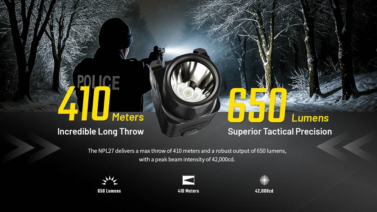 NITECORE NPL27 - kompaktowa latarka taktyczna do broni z systemem optycznym PDOT (Precision Digital Optics Technology), o maks. mocy 650 lumenów i zasięgu 410 m, ze standardowym montażem (w zestawie adapter do Picatinny).Źródłem zasilania jest odłączany akumulator litowo-jonowy 500 mAh, umożliwiający świecenie przez 1h 15min w trybie 160 lumenów i 50 min w trybie 650 lumenów.System - LifeGun.pl LATARKA NITECORE NPL27-6