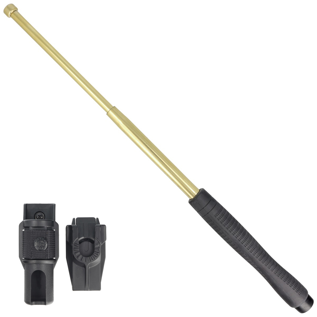 EXB-21HE GOLD Ergonomic. Hartowana 21" pałka ESP. Wypinany obrotowy uchwyt BH-54, mocowanie UBC-5. Elementy batona pokryto warstwą TiN azotku tytanu o bardzo dużej twardości, odporności na ścieranie oraz korozję, małym współczynniku tarcia, złotym kolorze - LifeGun.pl Pałka teleskopowa hartowana ESP Ergonomic Gold 21'' (ExB-21HE-AU BH-54)-1