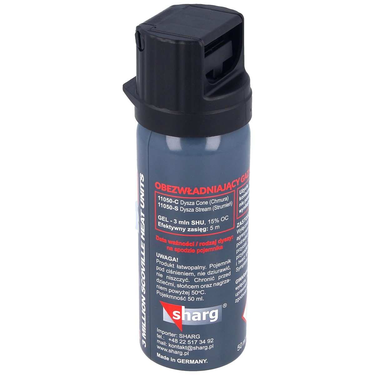 Sharg Graphite Red Pepper Gel 3mln SHU, Cone 50 ml. Made in Germany. Najmocniejszy gaz obronny na rynku. Niezwykle skuteczny środek obrony przed napastnikami, agresywnymi zwierzętami oraz miru domowego. Dysza CONE chmura. Głowica Flip Top Clip z klipsem. - LifeGun.pl Gaz pieprzowy Sharg Graphite Gel 3mln SHU, Cone 50ml (11050-C)-2