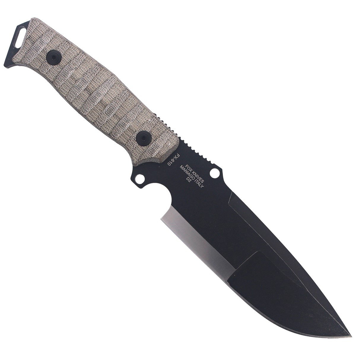 Sherpa, wytrzymały nóż o konstrukcji full tang firmy FOX. Skierowany do miłośników survivalu, idealny na górskie wypady i do lasu. Szerokie, masywne ostrze zapewnia równowagę między wytrzymałością a geometrią krawędzi tnącej. - LifeGun.pl Nóż FOX Sherpa Canvas Micarta 140mm (FX-610)-4