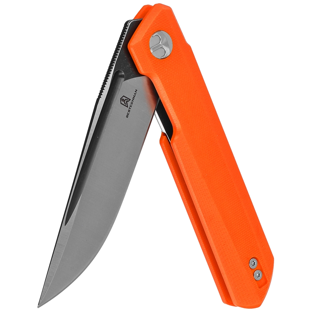 Dundee Orange G10, Grey Titanized / Satind kompaktowy folder E.D.C. Efekt współpracy polskiego knifemakera, Ostapa Hela z firmą Bestechman. Wykonany z dobrych materiałów przy zachowaniu niezwykle atrakcyjnej ceny folder z klingą ze sprawdzonej stali D2. - LifeGun.pl Nóż składany Bestechman Dundee Orange G10, Grey Titanized / Satin D2 by Ostap Hel (BMK01H)-3