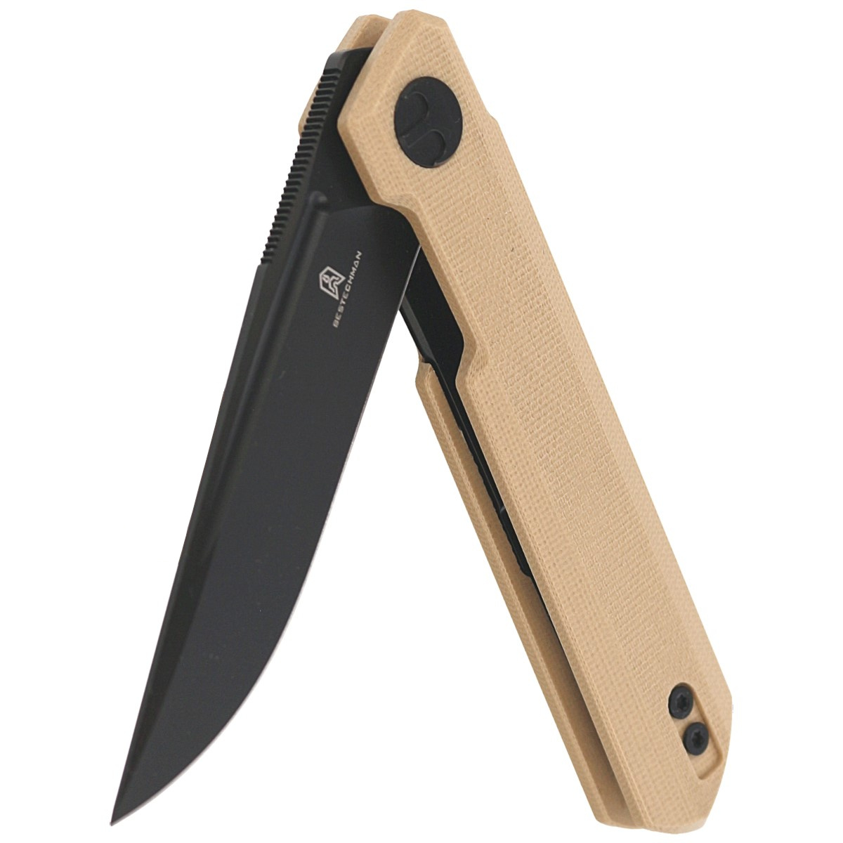 Mini Dundee Khaki G10, Black DLC kompaktowy nóż składany EDC. Efekt współpracy polskiego knifemakera, Ostapa Hela z firmą Bestechman. Wykonany z dobrych materiałów przy zachowaniu niezwykle atrakcyjnej ceny folder, który nie zawiedzie! - LifeGun.pl Nóż Bestechman Mini Dundee Khaki G10, Black DLC D2 by Ostap Hel (BMK03I)-6