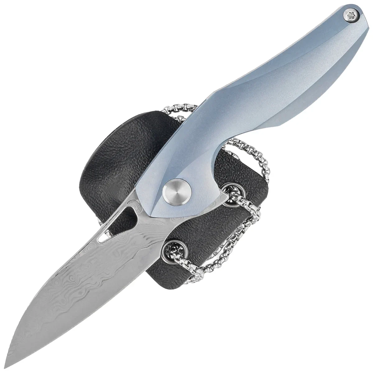 Reticulan Blue Titanium, Damascus, najwyższej jakości nóż EDC projekt Elijaha Ishama. Agresywna głownia Sheepfoot z damastu o niepowtarzalnym wzorze. Otwierany szybką płetwą Flippera, okładziny z tytanu, ceramiczne łożyska, pochwa do zawieszania na szyi - LifeGun.pl Nóż składany Bestech The Reticulan Blue Titanium, Damascus by Elijah Isham (BT1810H)-2