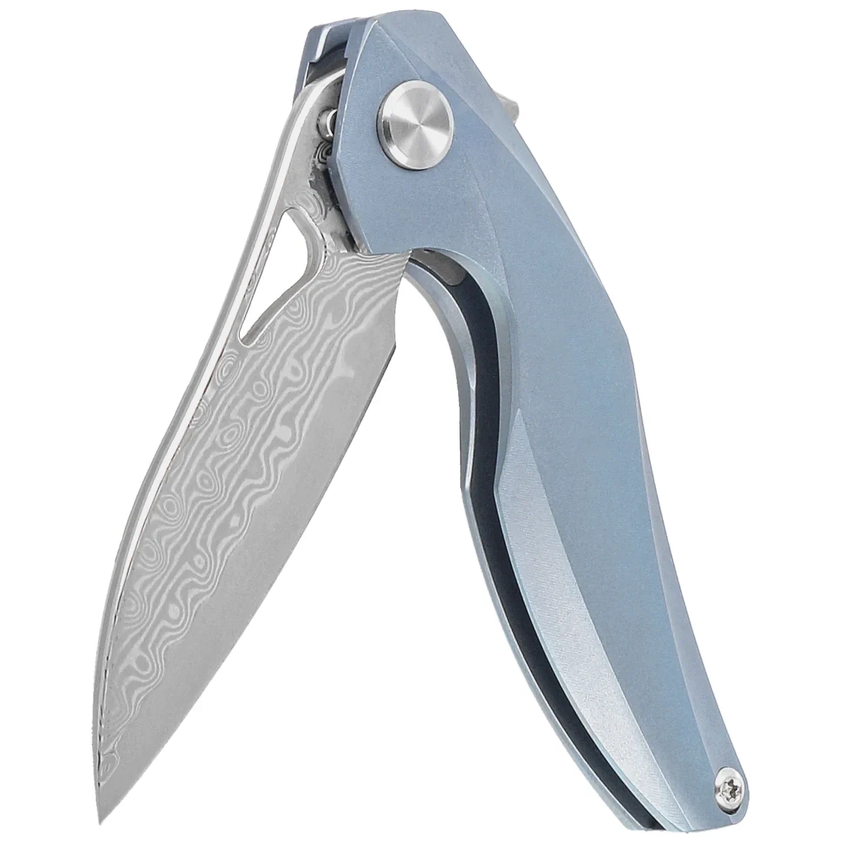 Reticulan Blue Titanium, Damascus, najwyższej jakości nóż EDC projekt Elijaha Ishama. Agresywna głownia Sheepfoot z damastu o niepowtarzalnym wzorze. Otwierany szybką płetwą Flippera, okładziny z tytanu, ceramiczne łożyska, pochwa do zawieszania na szyi - LifeGun.pl Nóż składany Bestech The Reticulan Blue Titanium, Damascus by Elijah Isham (BT1810H)-3