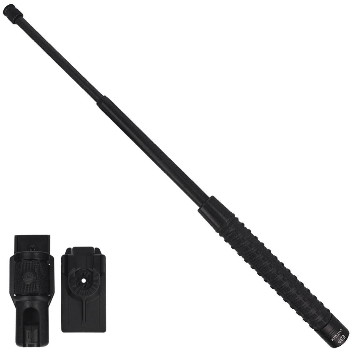 ExBT-18H-BK BHT-54 profesjonalna hartowana pałka teleskopowa Easy Lock o długości 18 cala (460 mm), z okrągłym kompaktowym zakończeniem rękojeści Round ending. W zestawie profesjonalny obrotowy uchwyt BHT-54 umożliwiający automatycznie rozłożenie pałki podczas wyjmowania z mocowaniem UBC-5 wyposażonym w systemem szybkiego wypięcia ładownicy Quick Change. Przeznaczona dla służb mundurowych, pracowników ochrony oraz użytkowników cywilnych potrzebujących skutecznego, kompaktowego narzędzia do samoobrony. Easy Lock ustanawia nowe standardy w dziedzinie technologii - LifeGun.pl Pałka teleskopowa hartowana ESP Easy Lock 18'' (ExBT-18H-BK BHT-54)-1