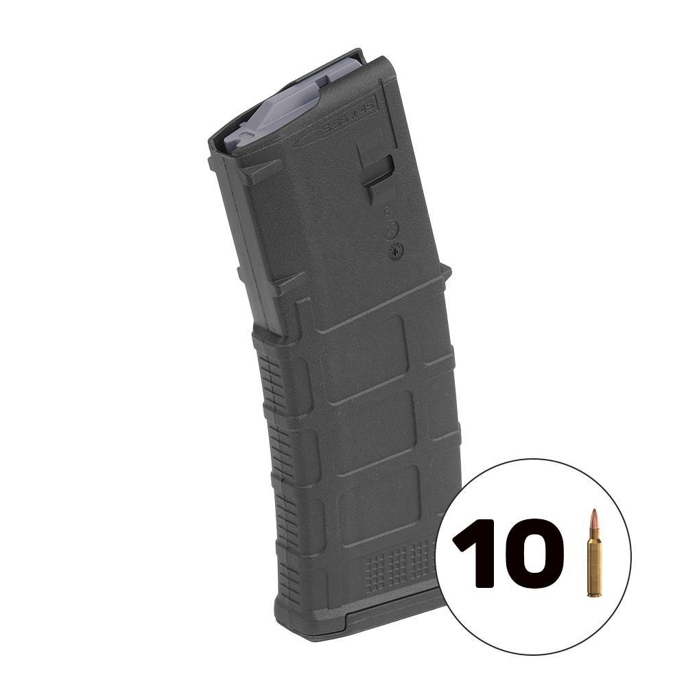 Polimerowy magazynek mieszczący 10 naboi, przeznaczony do platformy karabinów AR-15/M4 w kalibrze 5,56x45 mm/.223 REM. Magazynek został stworzony na bazie magazynka PMAG mieszczącego 30 pocisków, dzięki czemu użytkownik może nim się posługiwać w taki sam sposób jak pełnowymiarowym 30 nabojowym magazynkiem PMAG. Korpus o teksturowanym chwycie został wyposażony w stalowe szczęki, które posiadają zwiększoną wytrzymałość - LifeGun.pl Magpul - Magazynek PMAG 10/30 AR-15/M4 - GEN M3 - 5,56x45 mm/.223 REM - MAG1183-BLK-1