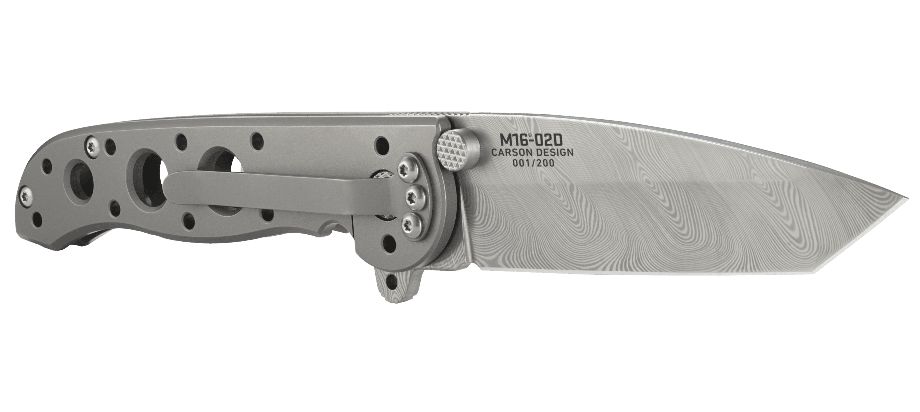 Asystent otwierania: Nie | Ostrze ząbkowane: Nie | Futerał: Nie | Opakowanie: Pudełko kartonowe | Rodzaj ostrza:: Tanto | Stal: Stal Damasceńska DS93X | Wykończenie ostrza: Trawienie Kwasem | Długość ostrza (cm): 7.8 | Rękojeść: Tytan | Projektant: Kit Carson | Długość całkowita (cm): 18.7 | Blokada ostrza: Frame Lock | Rodzaj ząbkowania ostrza: NIE - LifeGun.pl Nóż CRKT Commemorative M16-02D - Edycja Limitowana-10