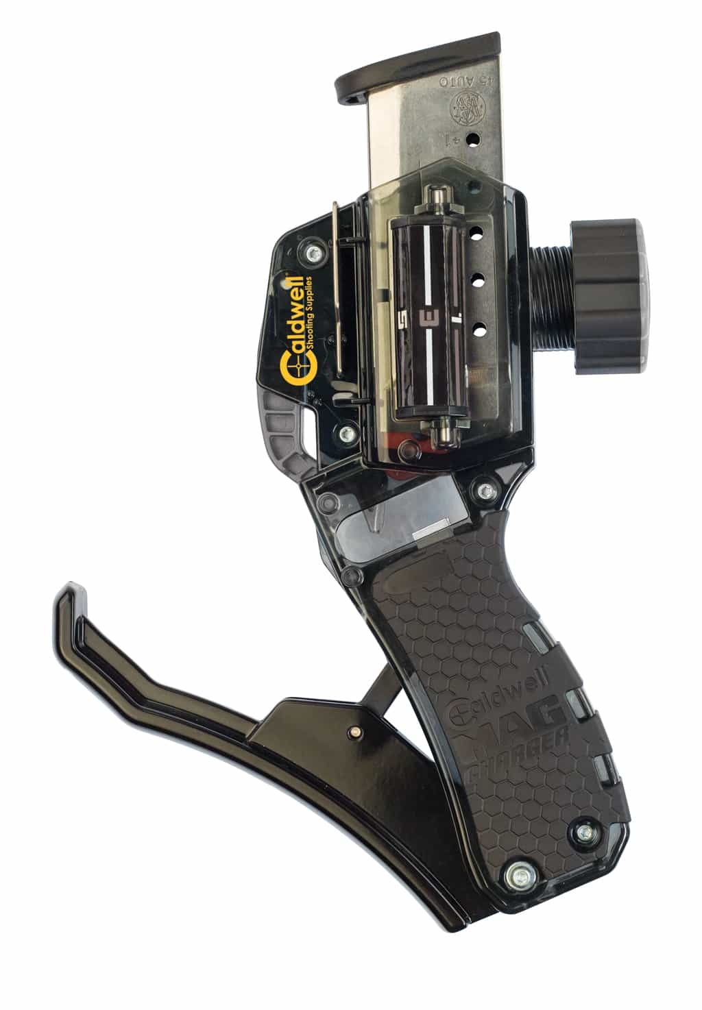 Szybkoładowacz do magazynków Caldwell 110002. Cechy: Uniwersalny design Działa z magazynkami jednorzędowymi i dwurzędowymi Kompatybilny z amunicją 9mm, 10mm, .357, .40, 45acp i większością .380 ACP Prosty w użyciu - wystarczy włożyć nabój i nacisnąć dźwignię Niezwykle trwała konstrukcja z poliwęglanu - LifeGun.pl Szybkoładowacz do magazynków Caldwell 110002-2