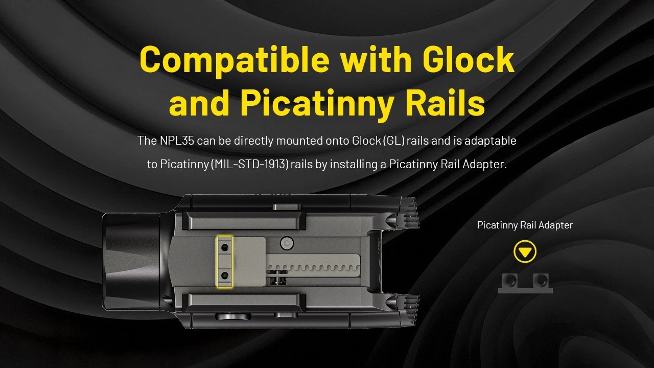 NITECORE NPL35 - kompaktowa latarka taktyczna do broni o maksymalnym strumieniu świetlnym do 2000 lumenów, kompatybilna z szyną Glock oraz Picatinny.Za zasilanie odpowiada szybkowymienny akumulator Li-ion o pojemności 1900 mAh, ładowany poprzez port USB-C, a wbudowany moduł ATR zapewnia automatyczną regulację temperatury obudowy.Urządzenie posiada stopień ochrony IPX6 przed wilgocią i kurzem oraz wytrzymuje upadki z wysokości do 2 metrów. Specyfikacja: Maks. - LifeGun.pl Latarka do broni NITECORE NPL35-9